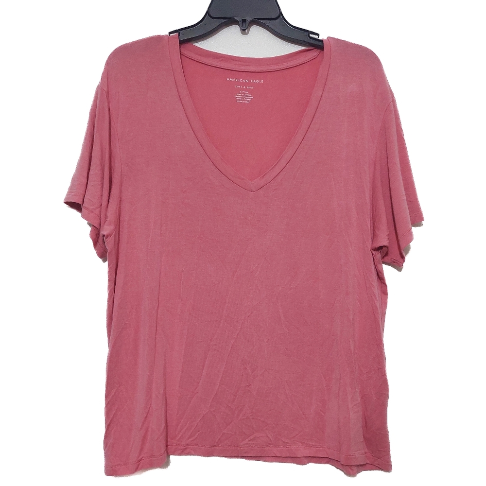American Eagle Outfitters Women's Pink V-Neck Top Soft & Sexy Oversized